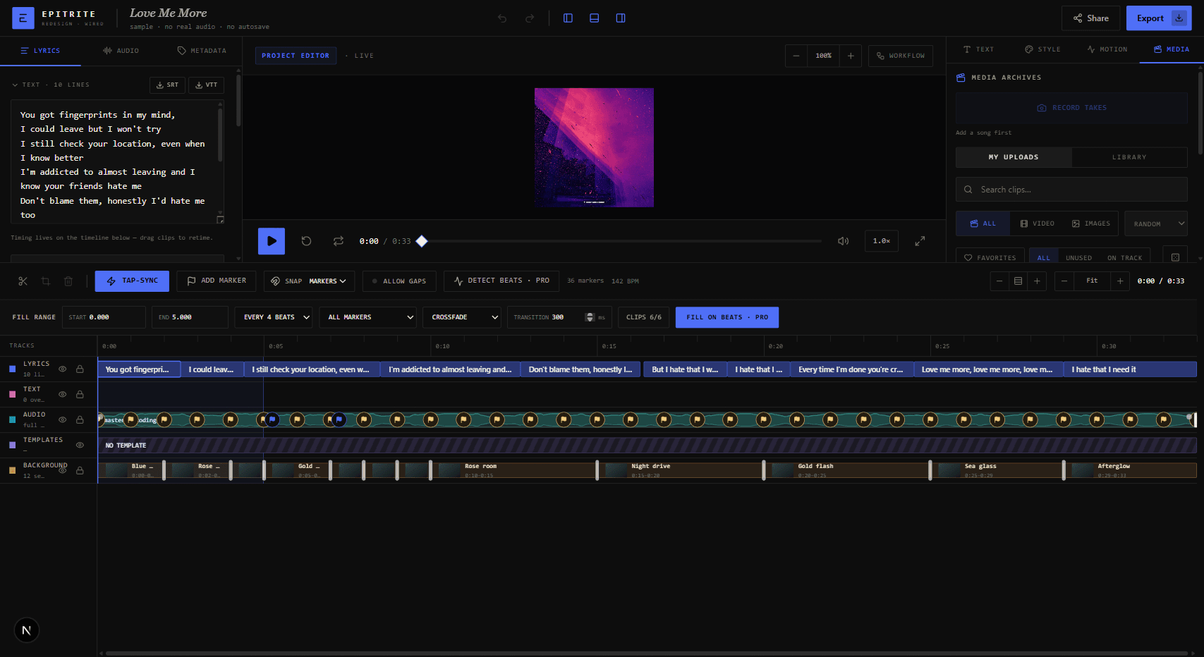 Epitrite editor with waveform beat markers, range Fill controls, and draggable background clips